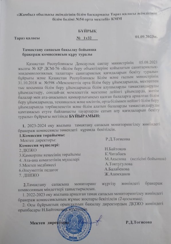 Тамақтану сапасын бақылау бойынша бракераж комиссиясын құру туралы бұйрығы
