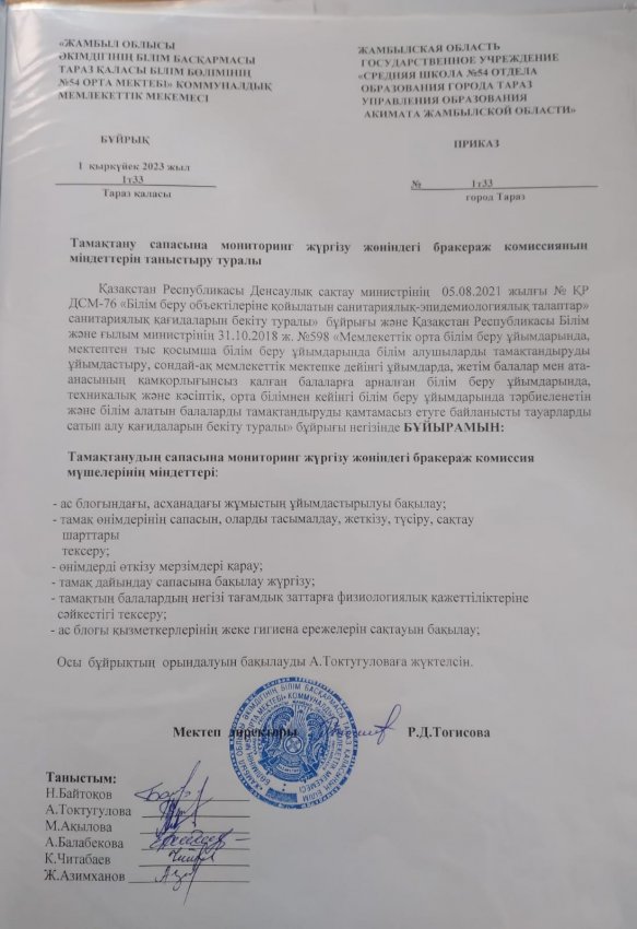 Тамақтану сапасына мониторинг жүргізу жөніндегі бракареж комиссиясының міндеттерін таныстыру туралы бұйрығы