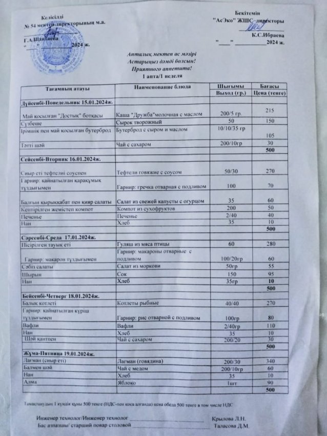 15.01-19.01 Асхана мәзірі