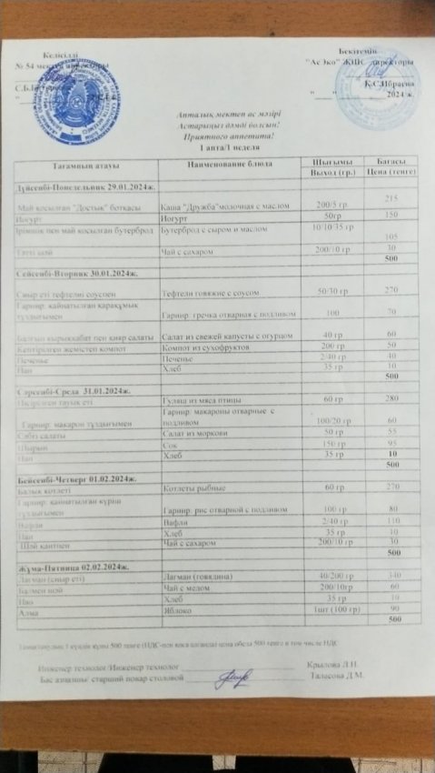 Асхана мәзірі 29.01-02.02 .2024