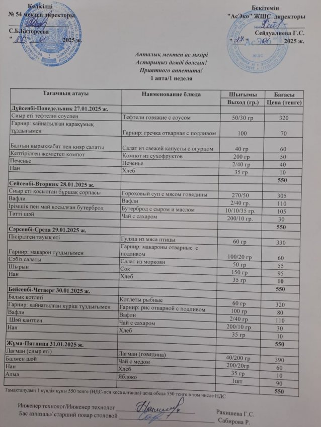 Апталық меню 27.01-31.01.2025ж
