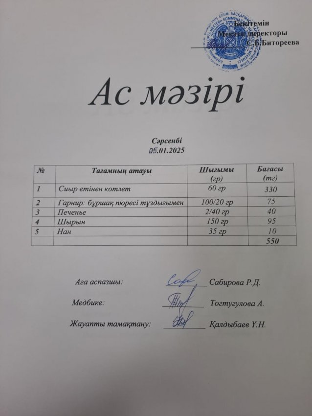 Күнделікті ас мәзірі 05.01.2025ж