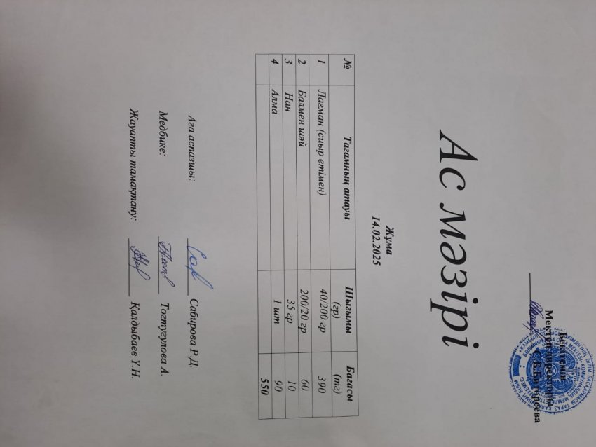 Күнделікті ас мәзірі 13.02.2025ж