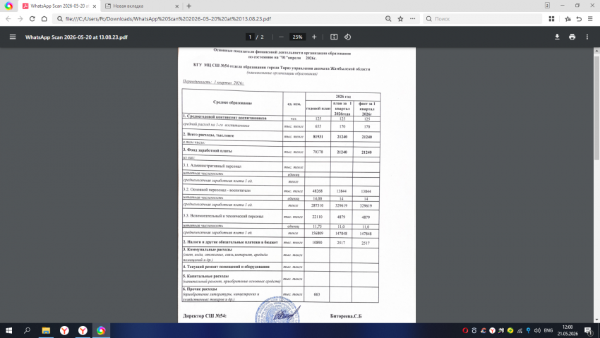 Основные показатели финансовой деятельности организации образования по состоянию на "01" апреля 2026 г.